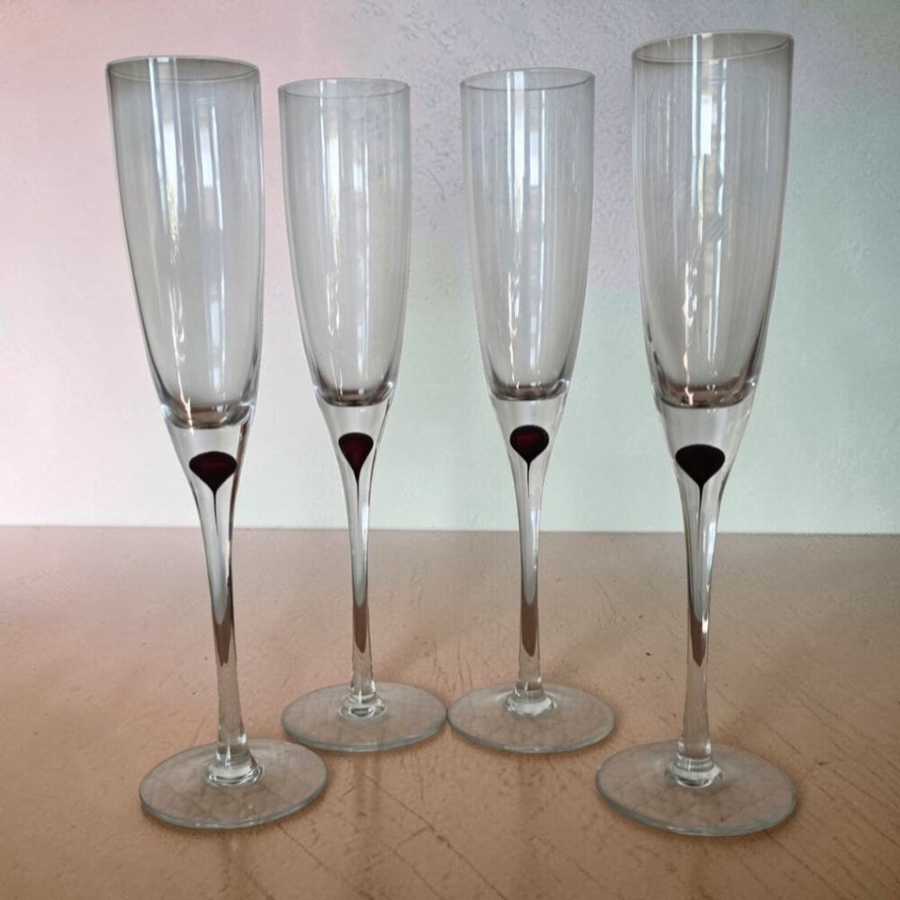 Clear Glass Champagne Flutes with Black Accent - Set of 4